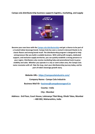Campa cola distributorship business supports logistics, marketing, and supply