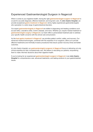 Experienced Gastroenterologist Surgeon in Nagercoil