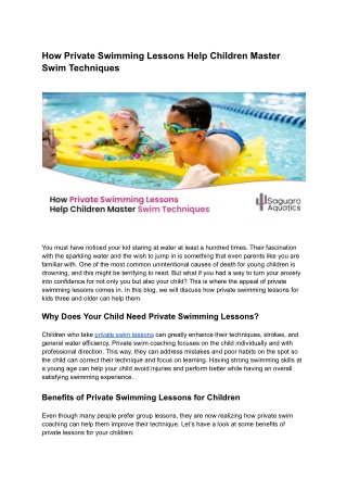 How Private Swimming Lessons Help Children Master Swim Techniques