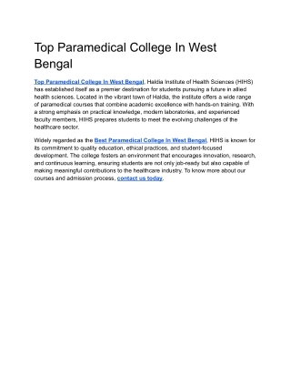 Top Paramedical College In West Bengal