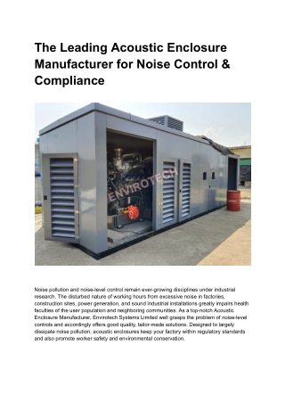The Leading Acoustic Enclosure Manufacturer for Noise Control & Compliance