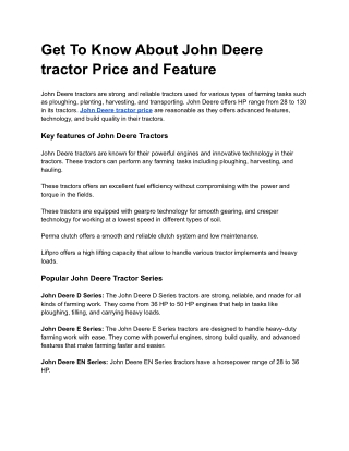 Get To Know About John Deere tractor Price and Feature