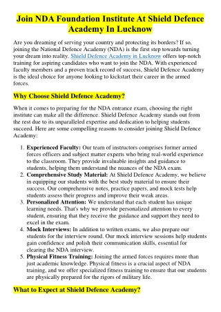 Join NDA Foundation Institute At Shield Defence Academy In Lucknow