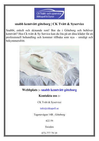 snabb kemtvätt göteborg   CK Tvätt & Syservice