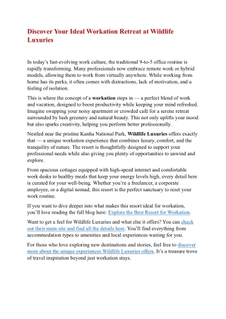 Best Workation Resort for Remote Professionals | Wildlife Luxuries