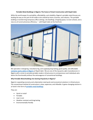Portable Metal Buildings in Nigeria The Future of Smart Construction with Rapid Cabin