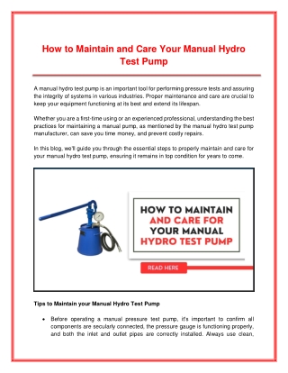 How to Maintain and Care Your Manual Hydro Test Pump