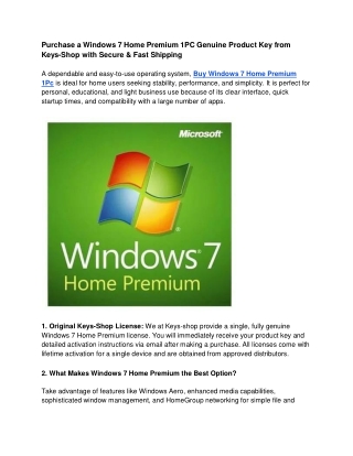 Purchase a Windows 7 Home Premium 1PC Genuine Product Key from Keys-Shop with Secure & Fast Shipping