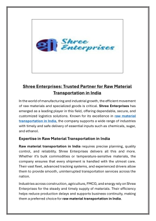 Shree Enterprises Trusted Partner for Raw Material Transportation in India