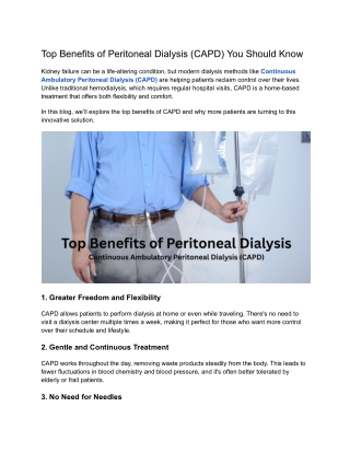 Top Benefits of Peritoneal Dialysis (CAPD) You Should Know