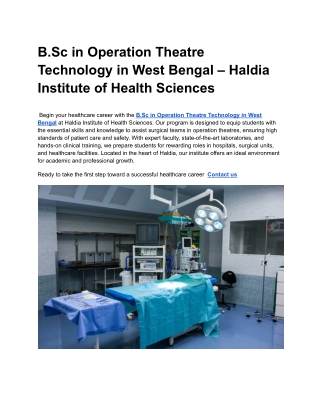 B.Sc in Operation Theatre Technology in West Bengal – Haldia Institute of Health Sciences