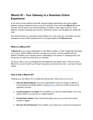 99exch ID – Get Instant Access with a Secure and Verified User Account