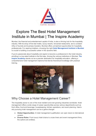 Explore The Best Hotel Management Institute in Mumbai | The Inspire Academy