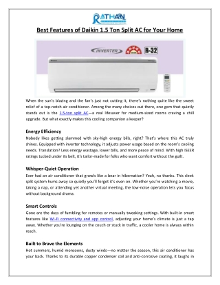 Best Features of Daikin 1.5 Ton Split AC for Your Home - Rathan Air Conditioners