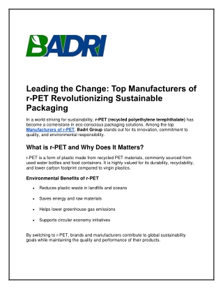 Leading the Change-Top Manufacturers of r-PET Revolutionizing Sustainable Packaging