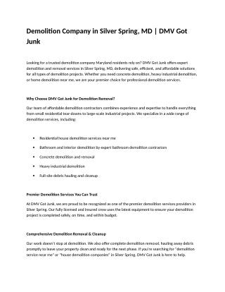 Demolition In Silver Spring, MD