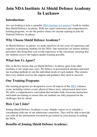 Join NDA Institute At Shield Defence Academy In Lucknow