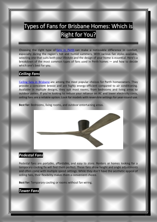 Types of Fans for Brisbane Homes Which is Right for You