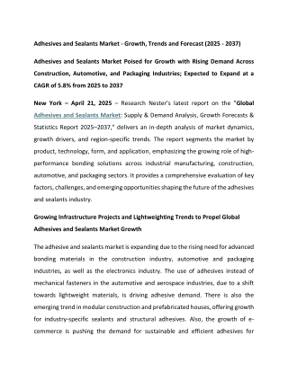 Adhesives and Sealants Market - Growth, Trends and Forecast (2025 - 2037)