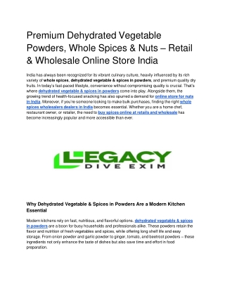 Premium Dehydrated Vegetable Powders, Whole Spices & Nuts – Retail & Wholesale Online Store India