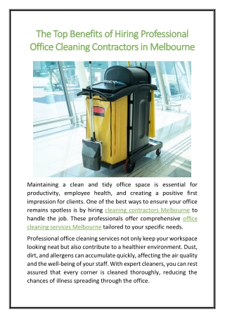 The Top Benefits of Hiring Professional Office Cleaning Contractors in Melbourne