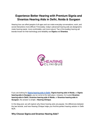 Experience Better Hearing with Premium Signia and Sivantos Hearing Aids in Delhi, Noida & Gurgaon