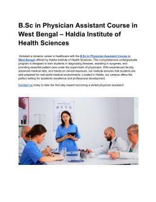 B.Sc in Physician Assistant Course in West Bengal – Haldia Institute of Health Sciences