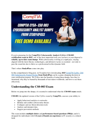 Best CompTIA CySA  CS0 003 Cybersecurity Analyst Dumps From Study4Pass