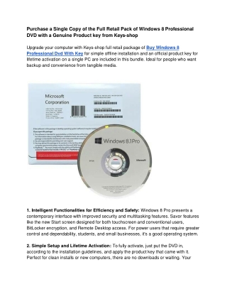 Purchase a Single Copy of the Full Retail Pack of Windows 8 Professional DVD with a Genuine Product key from Keys-shop