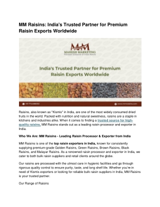 MM Raisins India's Trusted Partner for Premium Raisin Exports Worldwide