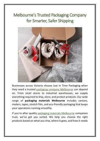 Melbourne’s Trusted Packaging Company for Smarter, Safer Shipping
