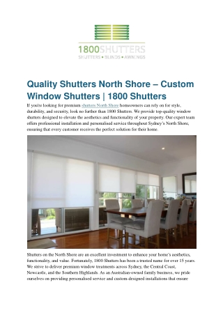 Quality Shutters North Shore