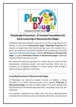 Playdough Preschool A Trusted Foundation for Early Learning in Ramamurthy Nagar