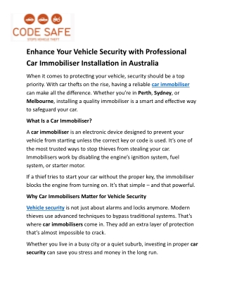 Enhance Your Vehicle Security with Professional Car Immobiliser Installation in Australia