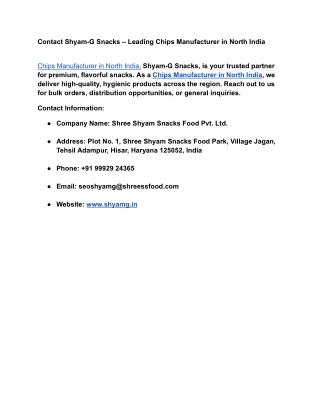 Contact Shyam-G Snacks – Leading Chips Manufacturer in North India