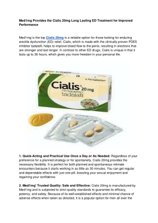 Med1mg Provides the Cialis 20mg Long Lasting ED Treatment for Improved Performance