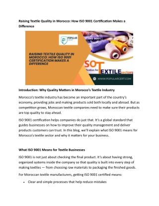 Raising Textile Quality ISO 9001 in Morocco