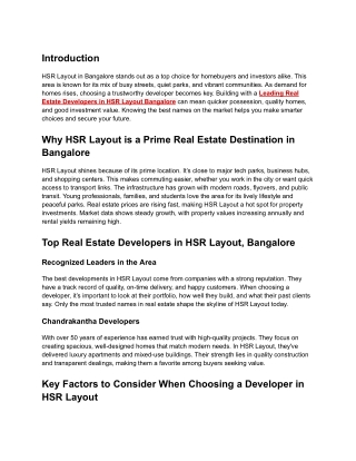 Leading Real Estate Developers in HSR Layout Bangalore
