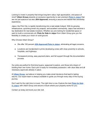 Plots in Jaipur - JDA Approved Plots for Sale | Uttam Group