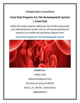 Coral Club Program For The Hematopoietic System  Coral Club