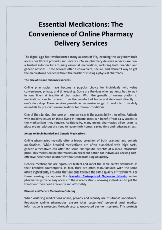 Essential Medications The Convenience of Online Pharmacy Delivery Services