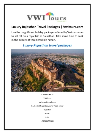 Luxury Rajasthan Travel Packages Vwitours.com