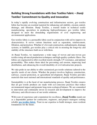 Building Strong Foundations with Geo Textiles Fabric – Jhanji Textiles’ Commitment to Quality and Innovation