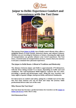 Jaipur to Delhi Experience Comfort and Convenience with Om Taxi Zone