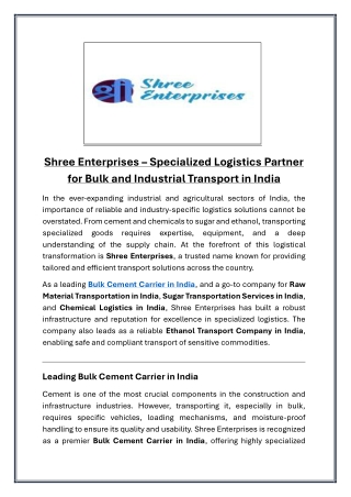 Shree Enterprises Specialized Logistics Partner for Bulk and Industrial Transport in India