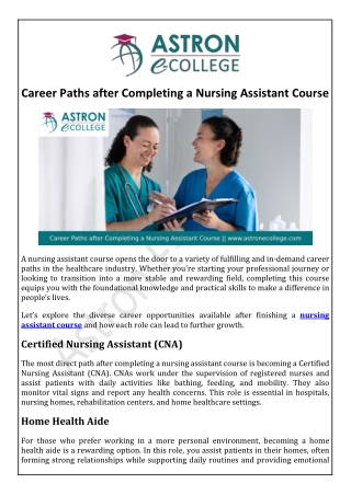 Career Paths after Completing a Nursing Assistant Course