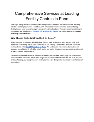 Comprehensive Services at Leading Fertility Centres in Pune