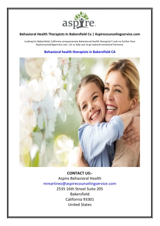 Behavioral Health Therapists In Bakersfield Ca  Aspirecounselingservice.com