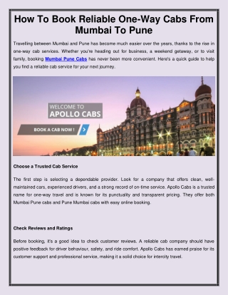 How To Book Reliable One-Way Cabs From Mumbai To Pune