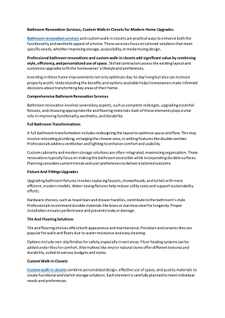 Bathroom Renovation Services, Custom Walk-In Closets for Modern Home Upgrades